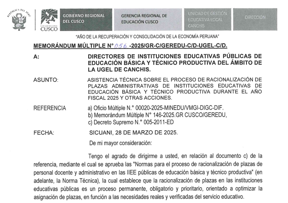 Asistencia técnica sobre el proceso de racionalización de plazas administrativas de instituciones educativas de educación básica y técnico productiva durante el año fiscal 2025 y otras acciones.